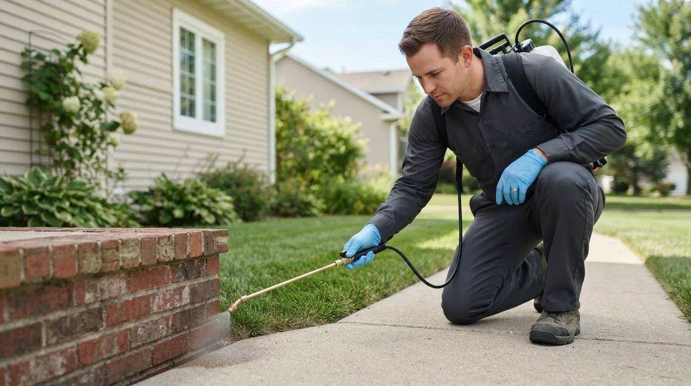 Pest control technician treating a home near Statenville, GA
